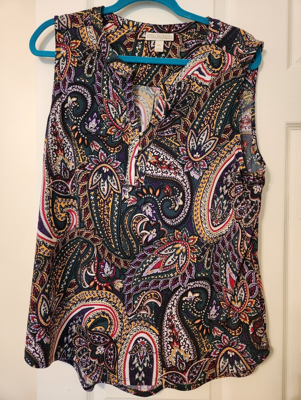 Dana Buchman Sleeveless Paisley top in Black, Purple, Green & Gold, sz xl